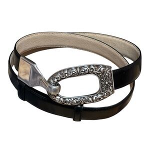 Genuine Leather Adjustable Slide Belt Hook Buckle Black Silver Tone Boho Artsy